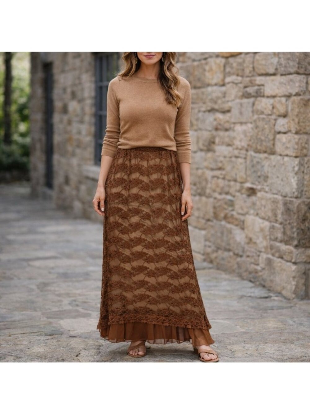Y2K Brown Floral Mesh Lace Maxi Skirt Ruffles Fairy Whimsical Size Large Women's
